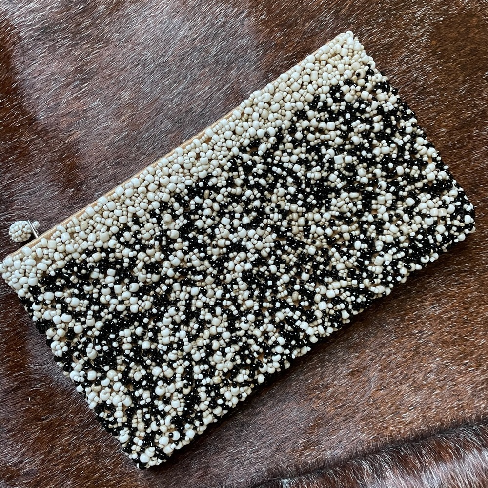 Beaded clutch purse, petite, black/white/tan, well made